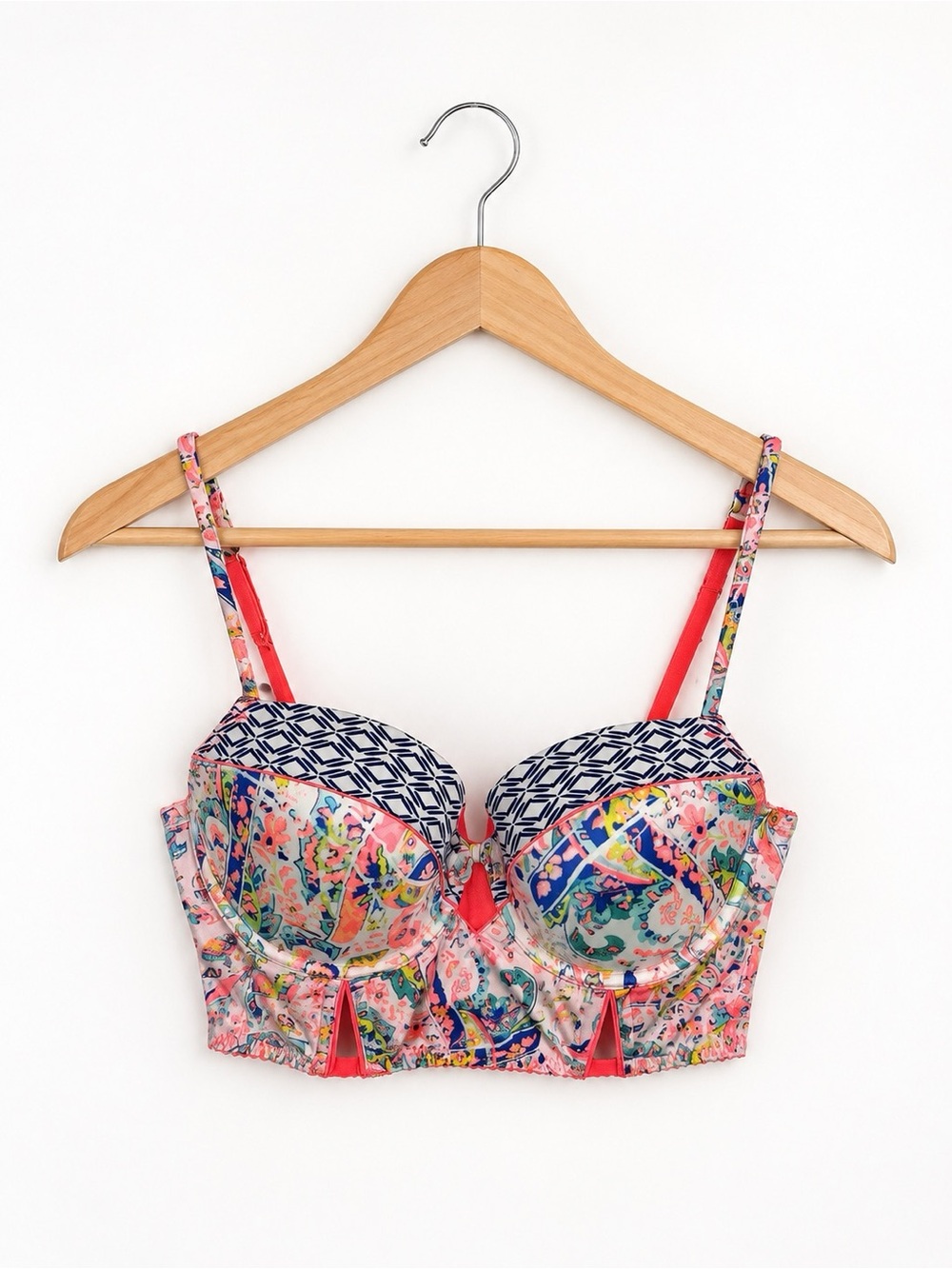 Victoria’s Secret Longline Bustier Bra 36D Floral Geo Print Underwire Lined Sexy
